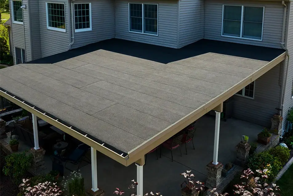 flintlastic granulated flat low slope roofing solution on a porch overhang