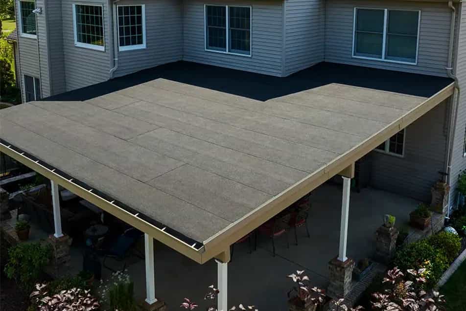 Flat Roof Sections - Roof Replacement in SE Michigan flintlastic granulated flat low slope roofing solution on a porch overhang