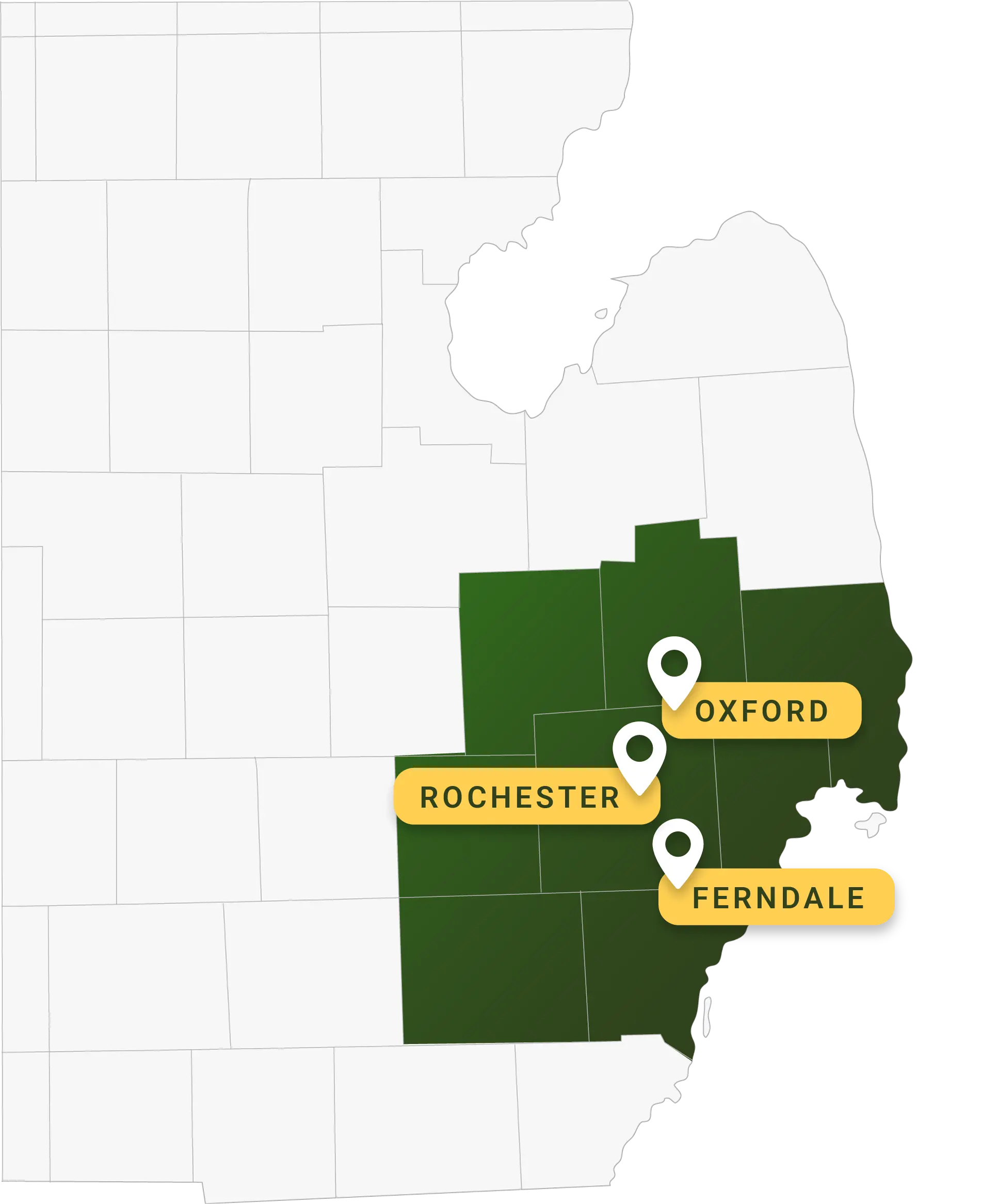 Roofing Army Service Area Map - SE Michigan Office Locations roofing army service map showing office locations in Ferndale Michigan, Rochester Hills, Michigan and Oxford Michigan