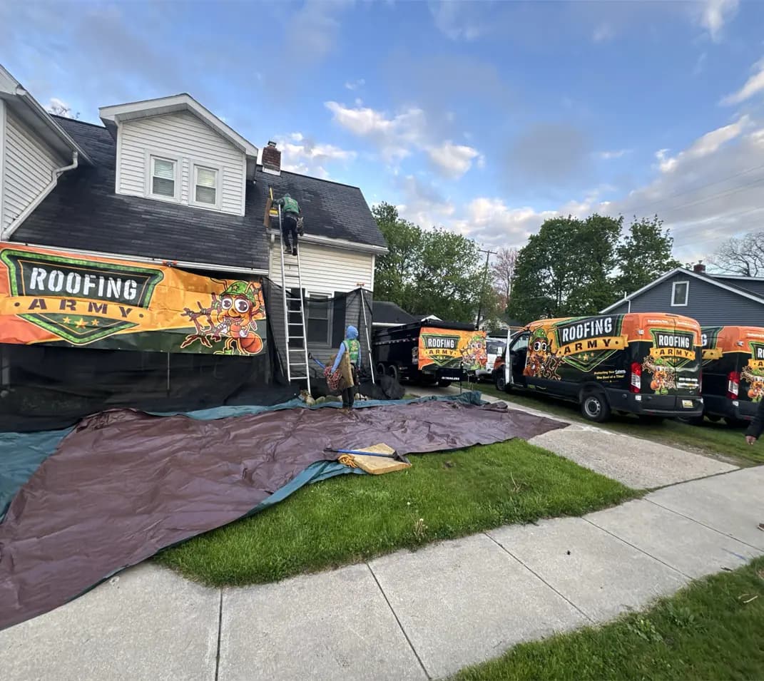 roofing debri net system and roofing army vans in front of a house in michigan