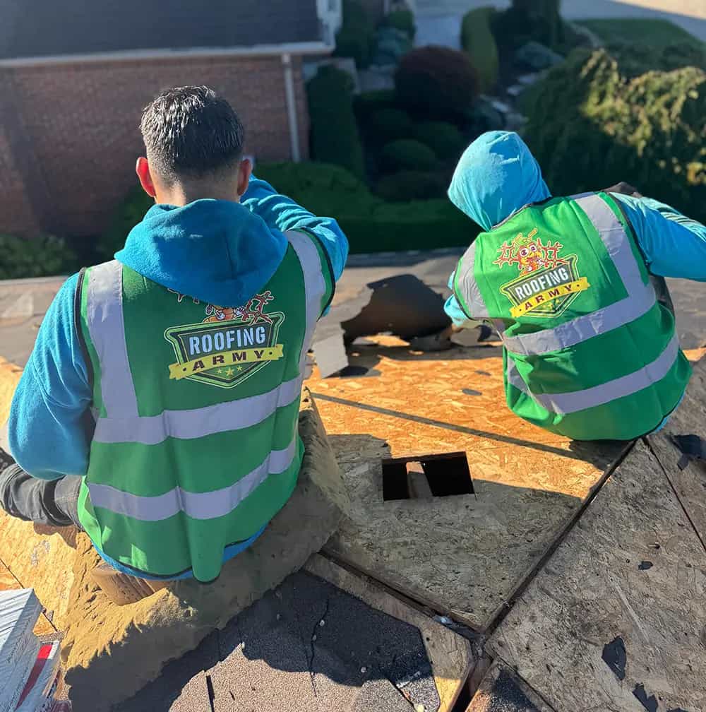 Why Choose Roofing Army - SE Michigan Roofing Contractor two roofers on a roof tearing off while wearing roofing army green construction vests