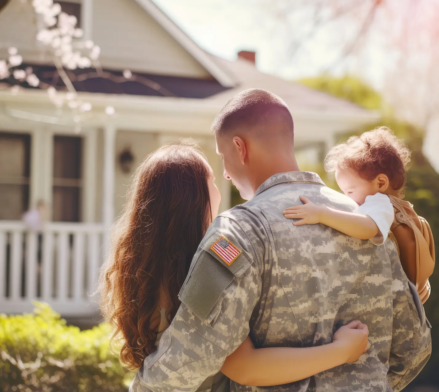an army veteran standing in front of a house with a new roof holding his child and hugging his wife